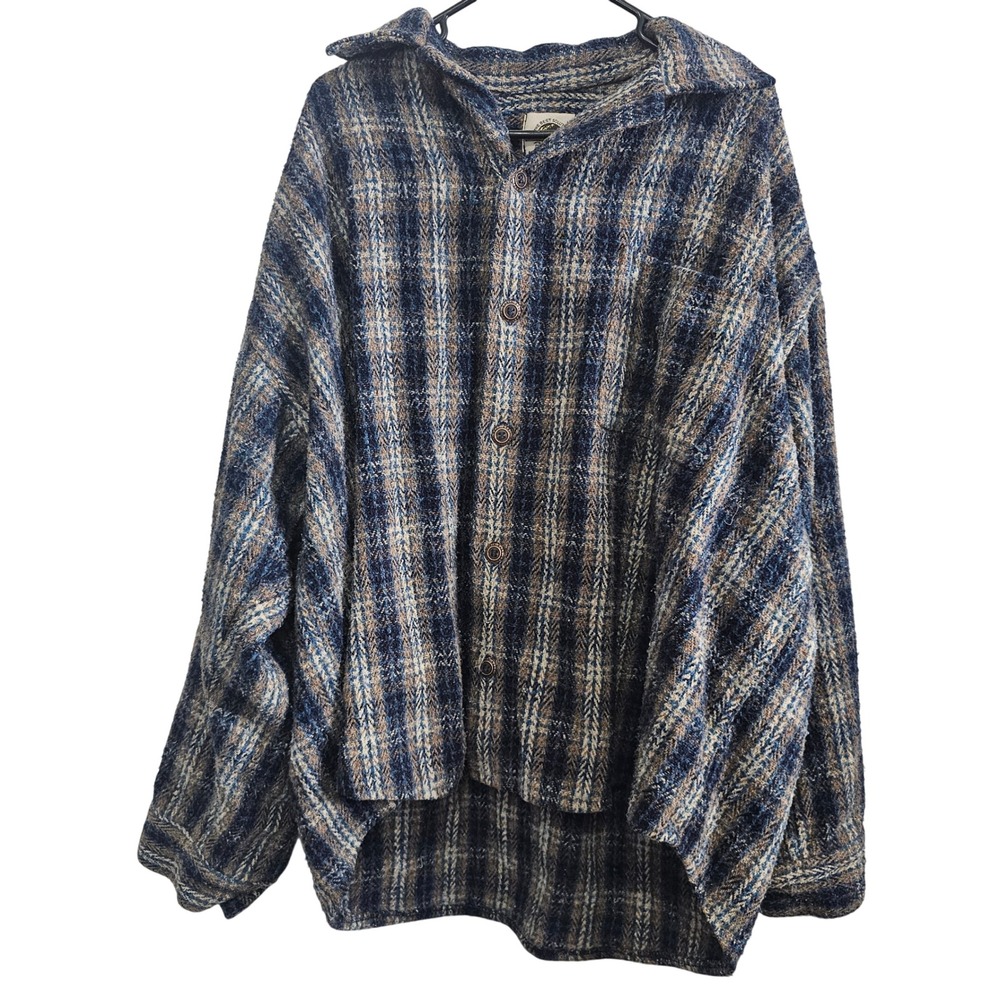 Earth‎ Ragz Plaid Baja Button Down Shirt Blue Tan XL Heavyweight Woven Oversized